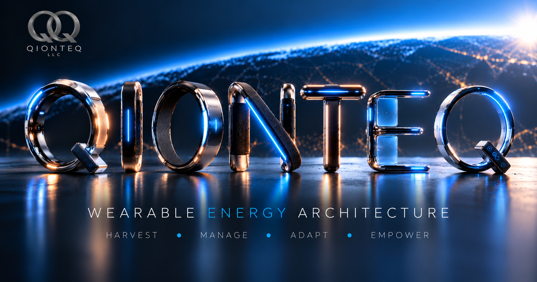 QIONTEQ lettering imagined as futuristic wearable electronics, illuminated in blue and warm light. Wearable Energy Architecture: Harvest, Manage, Adapt, Empower.
